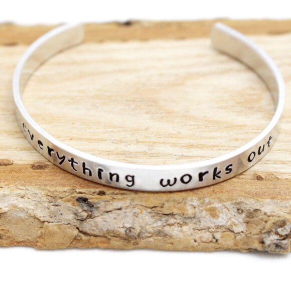 Everything Works Out - Hand Stamped Anodized Aluminum Bangle - Adjustable - Picture 6 of 11